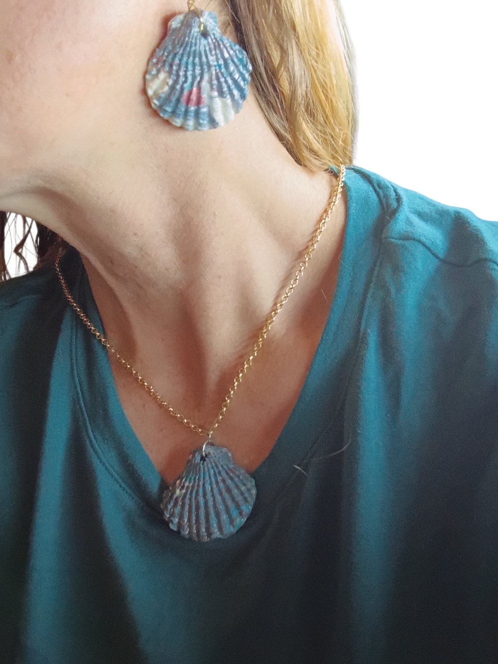 SeaRenity Gold-Tone Necklace And Matching Earrings with Dark Teal Shell Pendants